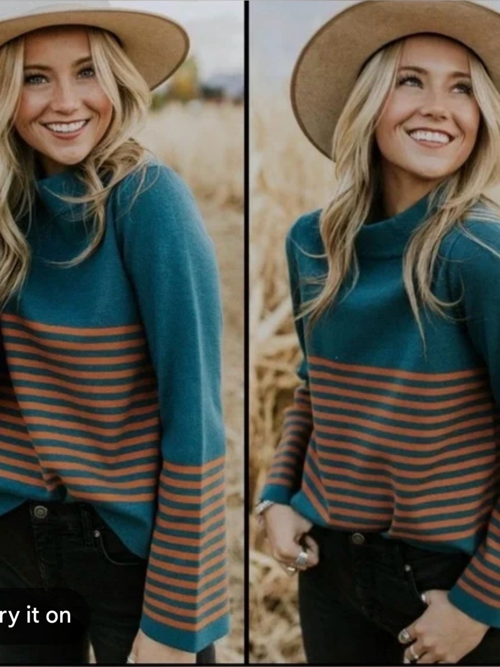 Roolee Teal and Rust Striped Cowl-Neck Sweater